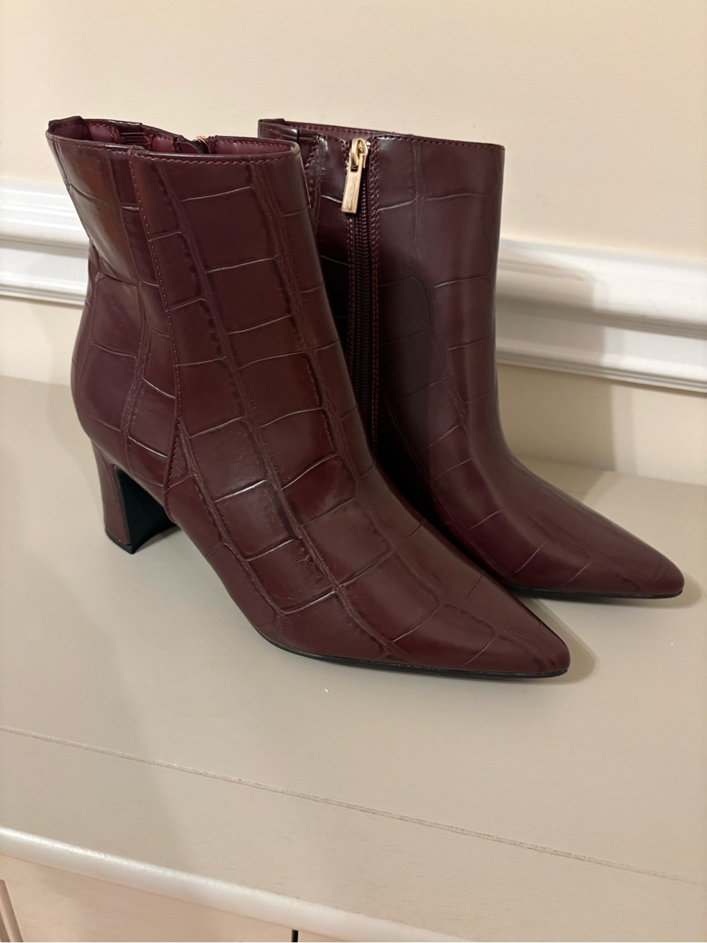 Tahari Burgundy Croc-Embossed Pointed Toe Ankle Boots